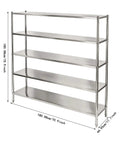 Built Tough Five Tier Stainless Steel Storage Rack Heavy Duty Adjustable Metal Shelving Unit Designed For Heavy Hauls And Home Organization With 330 Pound Capacity Per Shelf Garage Ready Silver Finish, side view with dimensions shown.