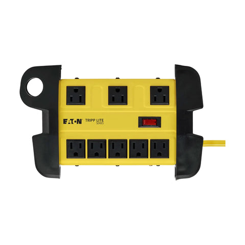 Garage-Grade Heavy-Duty Power Strip With GFCI, 8 Outlets, 25 Foot Cord, Yellow Metal Housing, wall mountable, front view