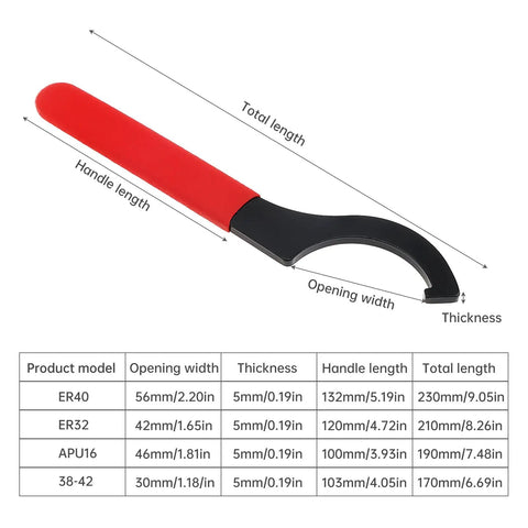 Pro Grade Coilover Spanner Wrench Set With Roll Up Pouch Includes ER16M ER20A 38 to 42 APU16 ER32 ER40 Collet Chuck Wrenches High Carbon Steel Built Tough For Quick Adjustments with size chart and measurements.