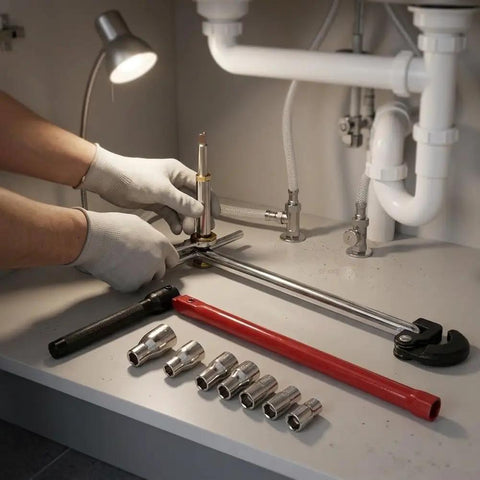 Heavy Duty Carbon Steel Faucet Wrench Set With Knuckle Savers Handles in action under a sink for plumbing repairs.