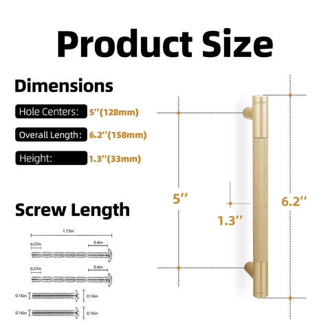 Top Shelf Brushed Gold Cabinet Pulls Deliver A Dead Sharp Knurled Grip For Modern Kitchen Drawers And Pantry Doors This 10 Pack Hardware Set Fits A Standard 5 Inch Hole Spacing dimensions showing 5 inch hole centers and overall length.