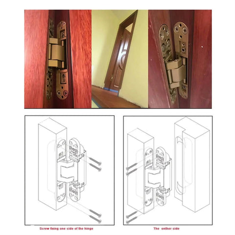 Tough As Nails Self Locking Concealed Wood Door Hinge Built Heavy Duty For Cabinets And Large Storage Boxes With Smooth 180 Degree Swing In Classic Gold Finish Hardware close-up on wood door installation with hinge details.