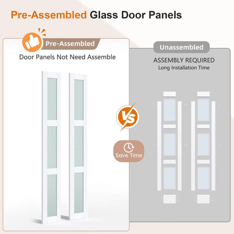 Preassembled Bi Fold Doors For 60 By 80 Inch Openings With Tempered Frosted Glass Closet Barn Door showing pre-assembled and unassembled options.