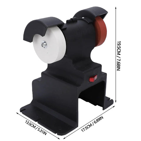 Rock Steady Mini Bench Grinder With 200 Watt Motor And 7000 RPM Spin designed for sharpener grinds shown from the side with dimensions.
