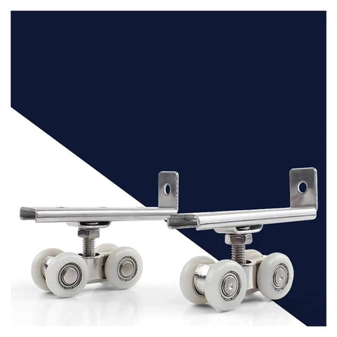 Heavy Duty Zinc Sliding Door Rollers Four Pack With Adjustable Height For A Smooth Quiet Glide And Easy DIY Track Swap Upgrade For Patio And Closet Doors, showing two zinc rollers with white wheels.