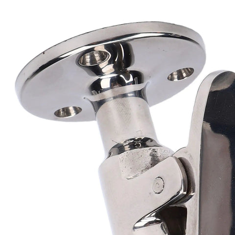 Close-up of Rock Solid Heavy Duty 316 Marine Door Stopper And Holder Catch Brushed Stainless Steel Build with spring latch.
