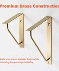 Four Pack Straight Up Premium Solid Gold Brass L Shaped Shelf Brackets With Screws mounted on a wall, featuring a sleek design.