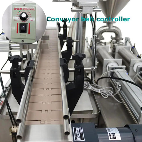 Conveyor belt controller of Built Like A Tank Automatic Pneumatic Liquid Paste Filler with controls for speed adjustment.