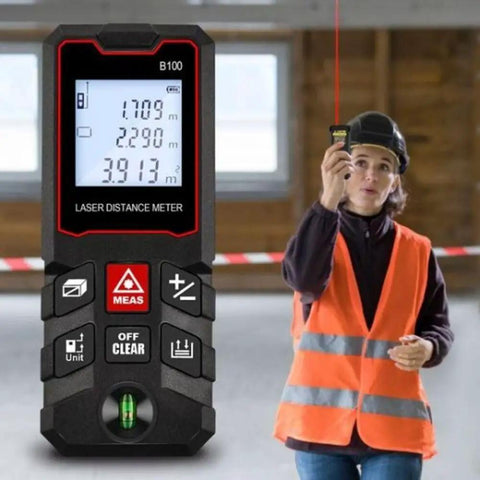Pro Laser Distance Meter 60M Sick Precision Digital Measure Tool in use, displaying measurements, with user wearing safety gear.