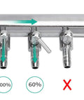 Eight Way Aquarium Air Flow Control Valve With Slick Manual Adjustment Levers showing chrome finish, three output ports for airflow control.