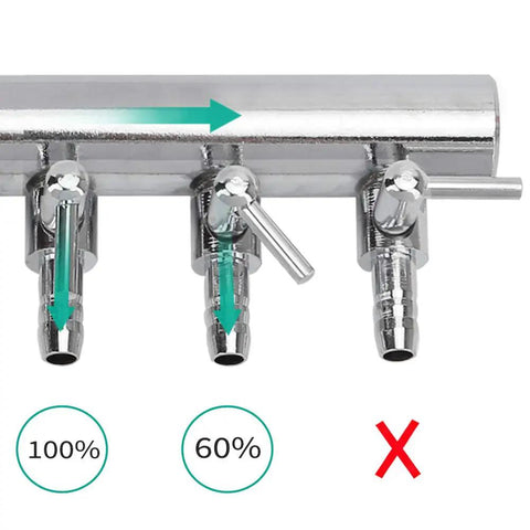 Eight Way Aquarium Air Flow Control Valve With Slick Manual Adjustment Levers showing chrome finish, three output ports for airflow control.