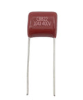 Heavy Duty CBB22 Capacitor Assortment Kit Packs Twenty 400V 0.1 Microfarad 104J red capacitor with metal leads.
