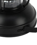 Close-up of Retro LED Camping Lantern Portable Hanging Light With Dual Power Supply showing micro USB port on black metal base.