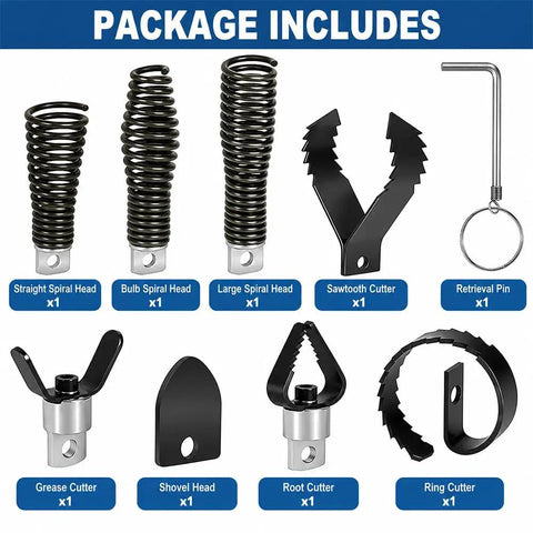 8 Piece Drain Cutter Head Set Compatible With RIDGID K-3800 Cable Machine, featuring spiral heads and cutting tools for pipe maintenance.