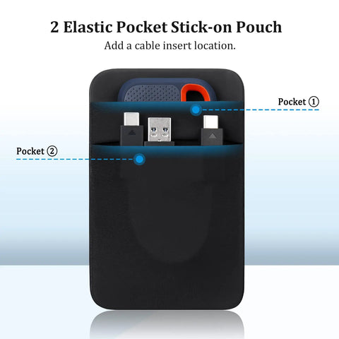 Two Pocket Portable SSD Sleeve For Laptops With Reusable Adhesive showcasing dual pocket design with slots for SSD and cables.