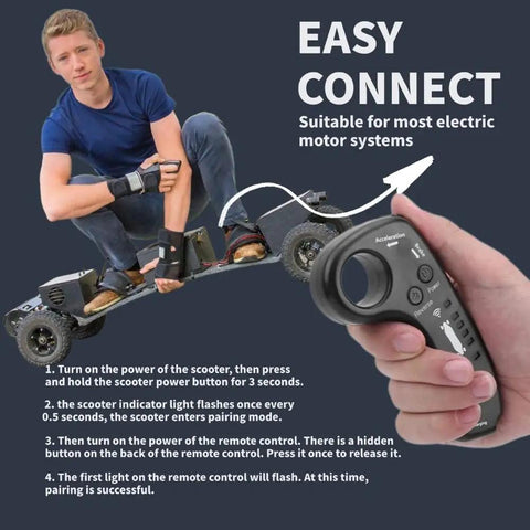 Person holding electric skateboard remote controller for smart four-wheel dual-drive scooters, showing setup instructions.
