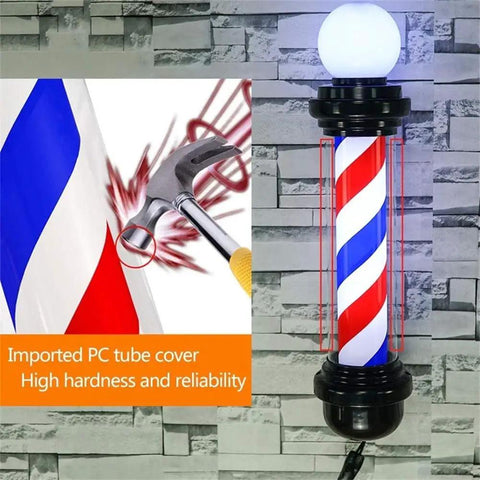 Top Shelf Rotating Barber Pole Light Totally Cool Hair Salon Shop Sign with red, white, blue stripes, mounted on wall.