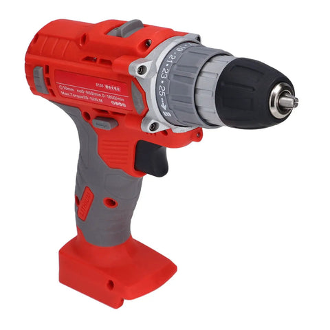 Zero Gimmicks Cordless Electric Drill With Dual Mode Rotation And 25 Adjustable Torsion For Serious Home Fixes And Pro Builds Saving Your Knuckles During Long Wrenching Marathons Plus Snappy Forward Reverse Swaps close up of red cordless drill showing adjustable torsion settings and grip.