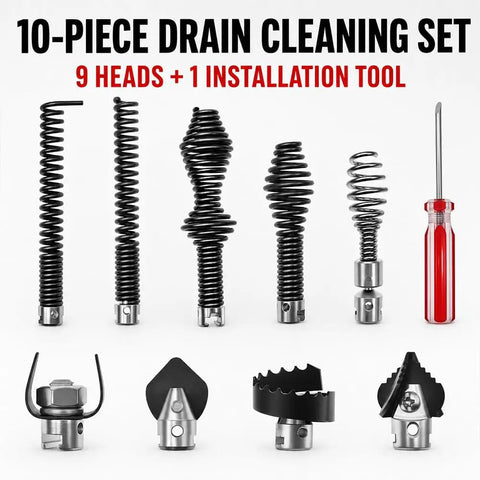 10-Piece Drain Cleaning Set including 9 heads and 1 installation tool for Heavy Duty 16Mm Drain Cleaner Cutter Head Set.