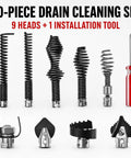 10-piece drain cleaning set with 9 heads and 1 installation tool made for tough clogs, featuring durable metal construction.