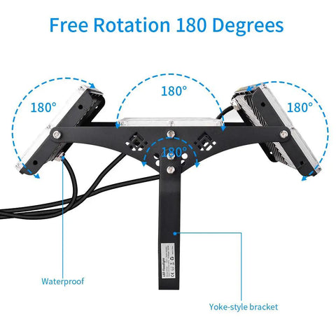 Killer Brightness 300W LED Work Lights Outdoor Flood Light Fixture IP66 Waterproof Parking Lot Lamp showing 180-degree rotation design.