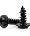 Fifty Piece Black Oxide Phillips Wafer Head Self Tapping Screws For Plastics And Electronics showing coarse spiral threads and wide head.