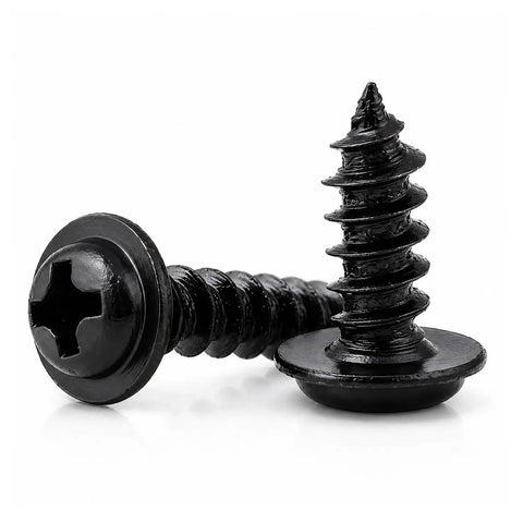 Fifty Piece Black Oxide Phillips Wafer Head Self Tapping Screws For Plastics And Electronics showing coarse spiral threads and wide head.
