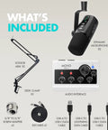 Get Your Podcast Rolling With This Portable Bundle Featuring A Dope Dual Channel Audio Interface And Two Crisp Dynamic Microphones Plus Adjustable Boom Arms For Phones And Computers, showing included items.