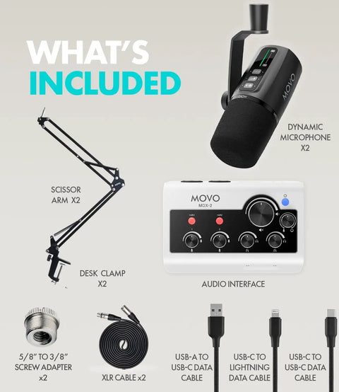Get Your Podcast Rolling With This Portable Bundle Featuring A Dope Dual Channel Audio Interface And Two Crisp Dynamic Microphones Plus Adjustable Boom Arms For Phones And Computers, showing included items.