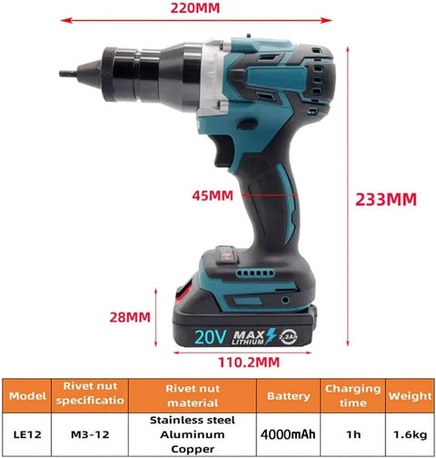 Heavy Duty Cordless Electric Rivet Nut Gun Featuring Automatic Pull Action, showcasing size and specifications, ideal for fast blind riveting.