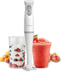 Slick Two Speed Hand Blender With Beast Mode 300W Peak Motor next to smoothie and yogurt cups, BPA Free stainless steel blades.