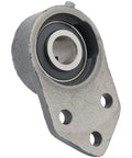 Rock Solid Heavy Duty Three Bolt Flange Mount Ball Bearing Insert Unit With Rugged Cast Iron Housing and Tight Set Screw Locking For Industrial Machinery close-up image showing bolt holes and bearing.