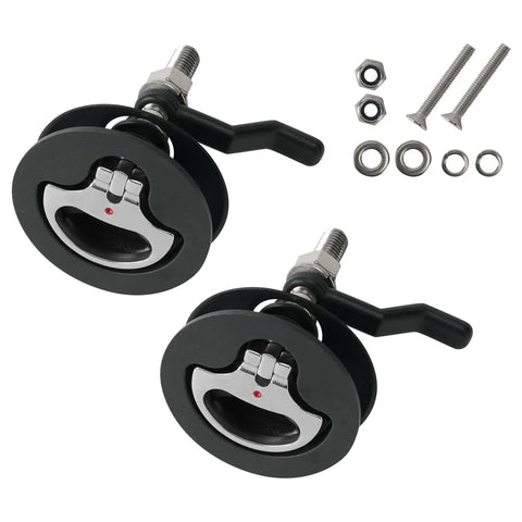 Hella Durable Marine Grade Boat Cam Latch Kit With Flush Backplates 2 Pcs Heavy Duty Stainless Steel Nylon Hatch securing locks, black and silver design.