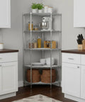 Solid Five Tier Corner Shelf With Sleek Chrome Finish And Fully Adjustable Heights Featuring Clear Protective Liners For Zero Sweat No Tool Assembly And Clean Space Saving Storage That Really Slaps In Any Room, displayed in a kitchen corner with jars and baskets.