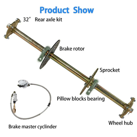 32 Inch Rear Axle Kit With Brake Assembly And Sprocket Hub Replacement For Go Karts ATVs Quad Bikes And Drift Trikes, displayed components