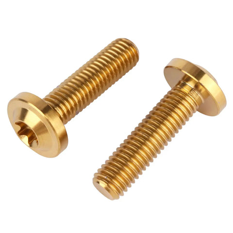 Top-Shelf Grade 5 Titanium M8x30mm Torx Head Bolts Screw Pack, Gold Anodized Fasteners For Custom Whip Mods And Slick Automotive Builds, High-Octane Strength, T40 Torx, Set Of Four close-up image of two gold anodized titanium bolts.