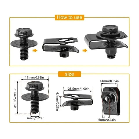 Diagram of U Shaped Fastener Kit M6 With Self Tapping Screws For Panels 20 Piece Iron Clip And Screw Set, showing size details