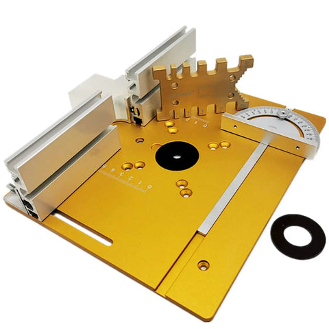 Rock Solid Aluminum Router Table Kit With Dead Nuts Precision Miter Gauge and Dual Scale Insert Plate, showing detailed alloy construction.