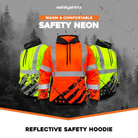American Grit High Visibility Hoodie For Men, Class 3 Type R, ANSI ISEA 107-2020 Compliant, Heavy Duty Polyester With Soft Combed Fleece Interior, Orange, X Large, Built Tough For Roadwork And Construction, displayed with other neon safety hoodies.