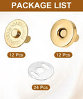 Premium Copper Magnetic Snap Buttons For Purses And Gear DIY Craft Replacement Clasps With Washers Gold Tone, 12 pieces of snaps.
