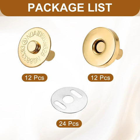 Premium Copper Magnetic Snap Buttons For Purses And Gear DIY Craft Replacement Clasps With Washers Gold Tone, 12 pieces of snaps.