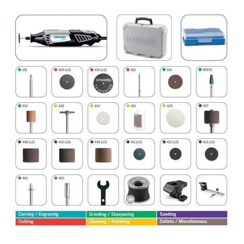 Corded Rotary Tool Kit With Variable Speed 5000 To 35000 RPM, 4000 Series High Performance Motor, and accessories display