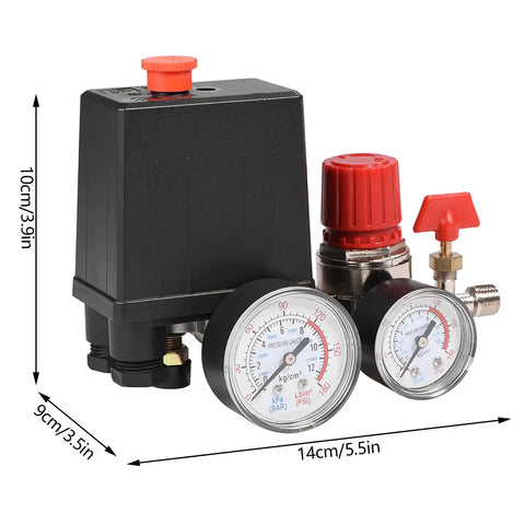 Heavy Duty Air Compressor Pressure Switch With Adjustable Regulator And Precision Gauge 2 Port G1/4 Thread close-up view