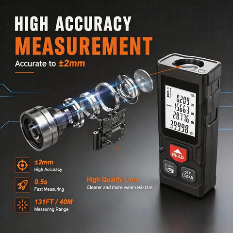 Heavy Duty Digital Laser Distance Meter 131 Ft Measuring Tool With Glowing Backlit Lcd Screen displaying high accuracy features and lens components.