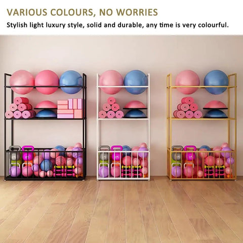 No Sweat Heavy Duty Metal Yoga Mat Storage Rack And Commercial Floor Standing Gym Organizer Shelf with colorful fitness gear.