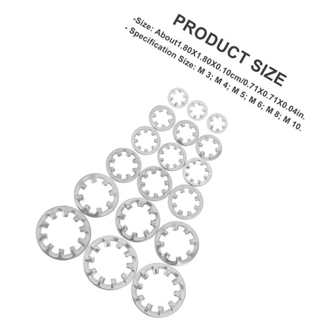 Stainless Steel Internal Tooth Lock Washers 300 Piece Star Shape Fastener Set with size details visible