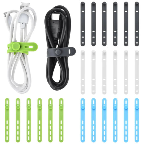 24 Pack Silicone Cable Ties For Desk Setup Reusable Soft Silicone Cord Wraps 5 Inch Length Four Color Assortment Cable Organizer