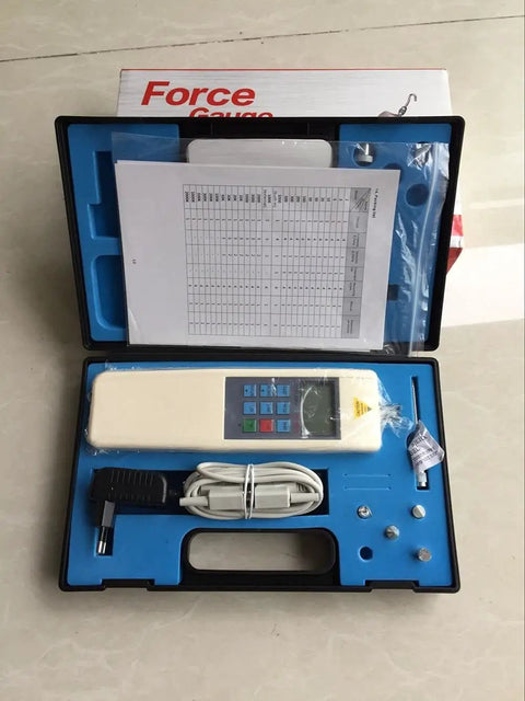 Straight Fire Handheld Digital Push Pull Force Gauge Dynamometer Packing A Built In Sensor Measuring Up To 500 Newtons in case.