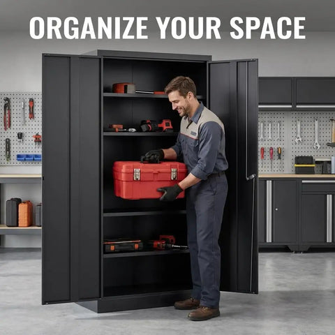 Man organizing tools in Built Like A Tank 71 Inch Tall Metal Storage Cabinet With Secure Locking Double Doors And Five Fully Adjustable Shelves In Durable Black Finish For Garage And Office.