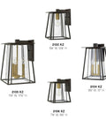 Walker Collection LED Wall Mount Lantern, Buckeye Bronze Finish, four styles shown, ranging from 7.25" to 11.5" wide.